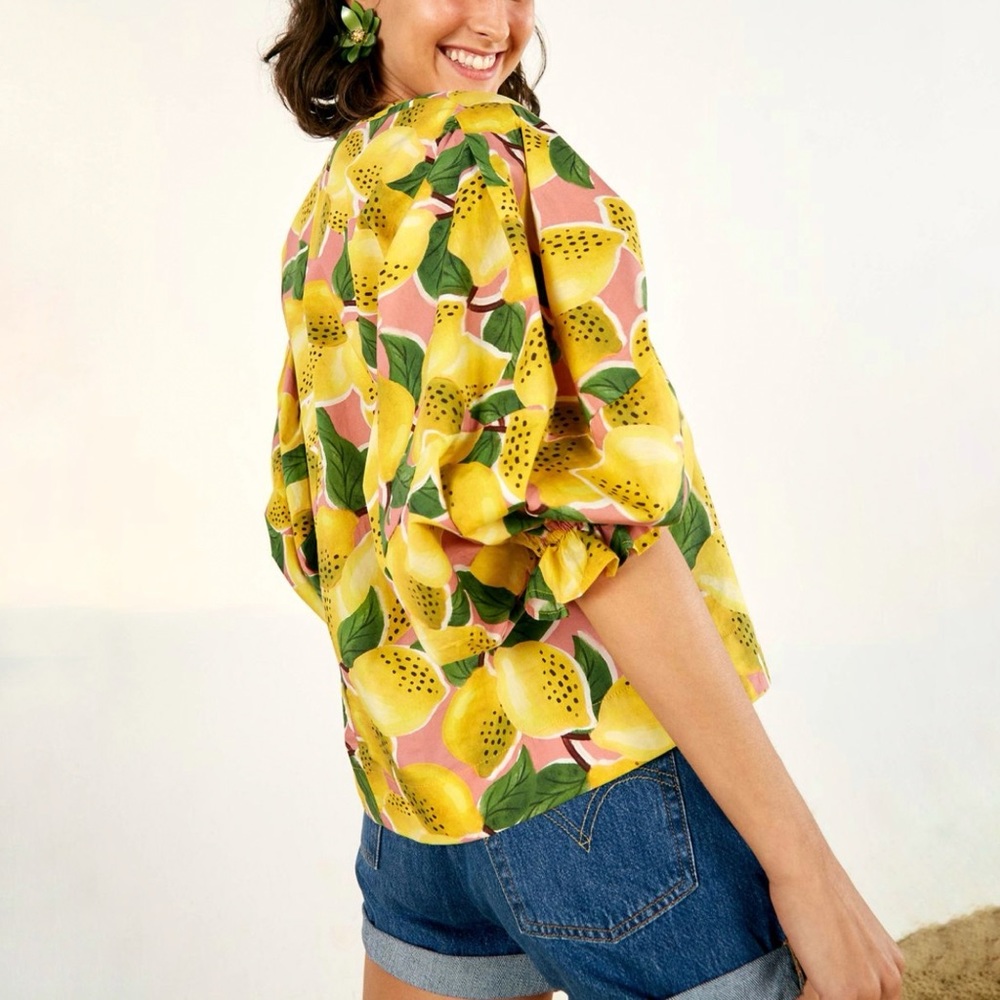 FARM RIO FRESH LEMONS PUFF SLEEVE SHIRT yellow green print balloon button up top - Picture 2 of 10